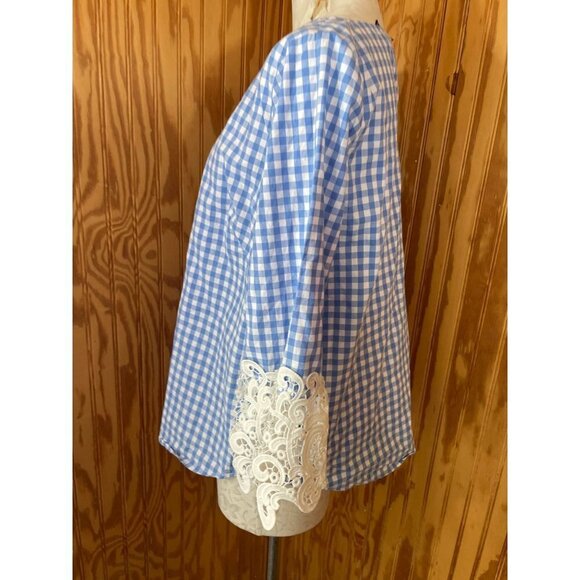 Liz Claiborne Career Blouse Pullover Top Keyhole Blue Checkered Cotton Sz M - Picture 3 of 8